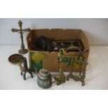 Mixed Lot of Metalware including Victorian Cash Tin, Brass Altar Crucifix, Brass Easel Picture
