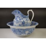 19th Century Davenport Blue & White ' Geneva ' pattern wash jug with a Davenport ' Isola Bell '