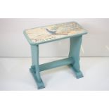 Turquoise Blue Painted Refectory style Stool, the top decorated with a peacock, 52cm long x 49cm