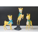 Three Mid century Babycham Plastic Advertising Fawns / Bambi Figures including one leaping from a