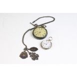 A hallmarked sterling silver cased pocket watch together with a fob watch and Albert chain with