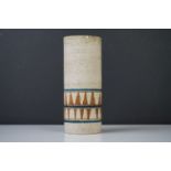 Troika pottery cylindrical vase with 'sharks tooth' banding on a textured ground, signed 'Troika,