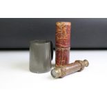 An antique pewter tankard with glass bottom together with a vintage pocket telescope with leather