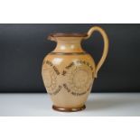 Victorian Doulton Lambeth Stoneware Motto Jug, decorated with four cameos / figureheads, with 'He