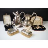 A small group of collectables to include silver plated teapot, antique costume jewellery, hallmarked