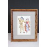 Watercolour of Two Cats dressed in Costume signed Marie Wood, 17cm x 11cm, framed and glazed