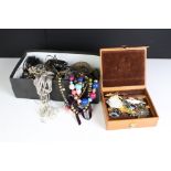 Two Boxes of Costume Jewellery plus small leather jewellery box to include some silver, brooches,