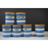 TG Green Cornish Ware - Set of 6 herb storage jars & covers, in the typical blue and white banded