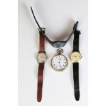 A small collection of watches to include a pocket watch and three wristwatches.