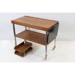 Mid century Retro Teak Two Tier Trolley with drop flap to end, raised on chrome supports with