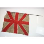 Vintage Union Jack stitched cloth flag, with metal pole (measures approx 73cm x 82cm - excluding