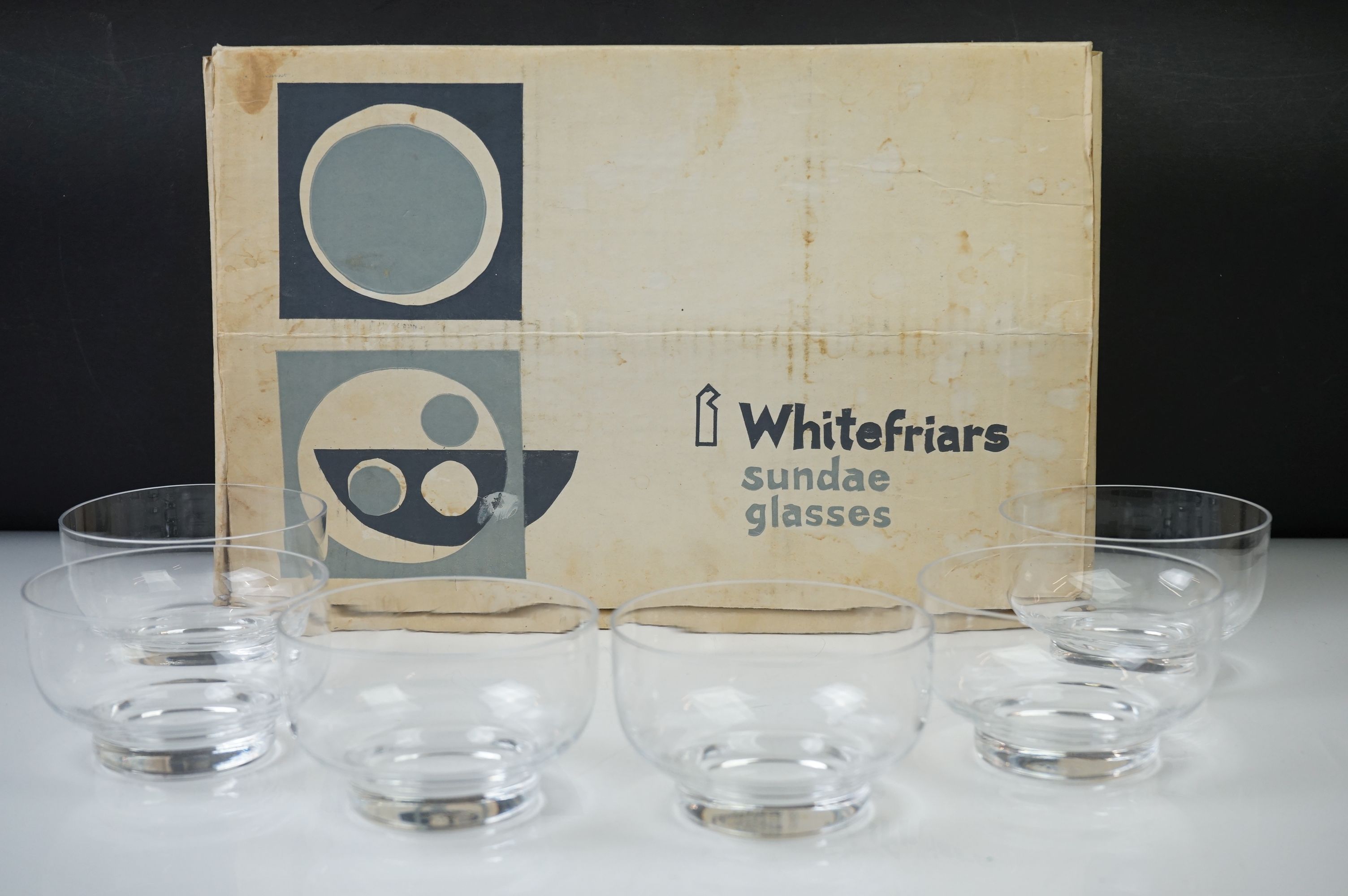 Whitefriars - Six clear sundae glasses, of circular footed form, approx 10cm diameter contained