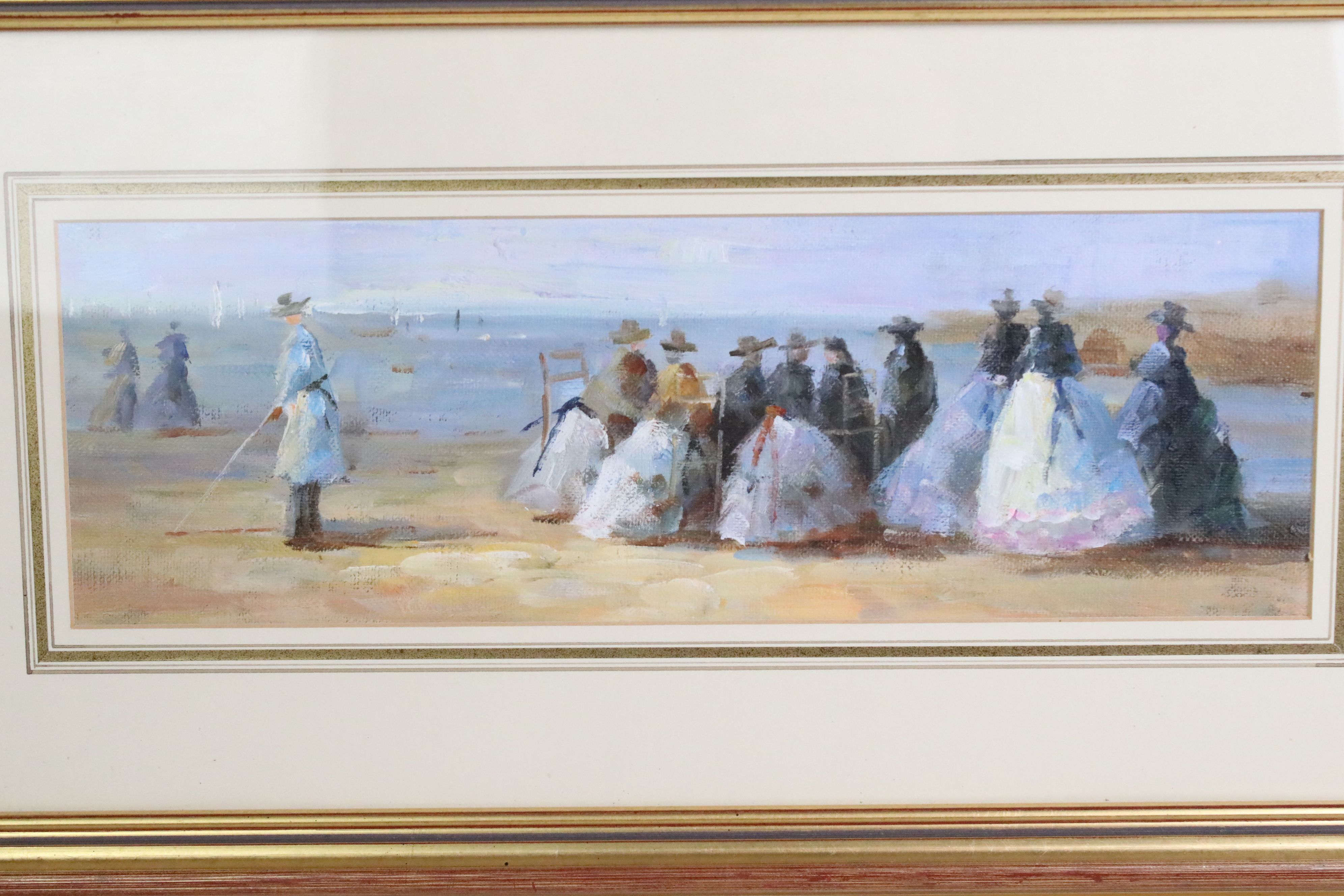 Gilt Framed Oil on Canvas of figures relaxing and sailboats in a Victorian beech view, 11cm x 33.5cm - Image 2 of 6