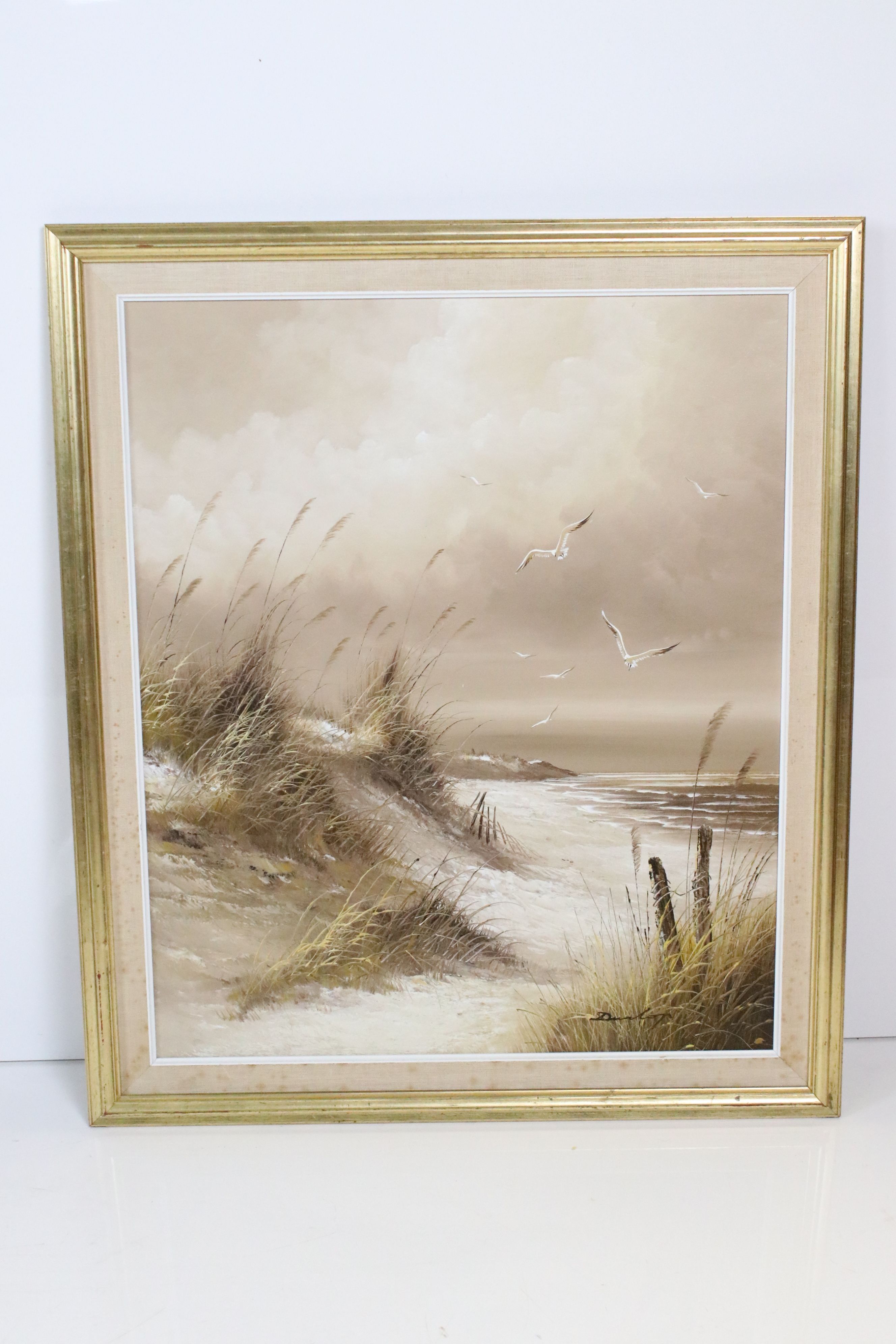 Two Mid century Oil Paintings on Canvas, one with seagulls over coast, signed 60cm x 49cm and the - Image 2 of 3
