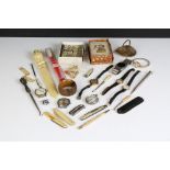 A small box of mixed collectables to include letter opener, pocket watch. playing cards,