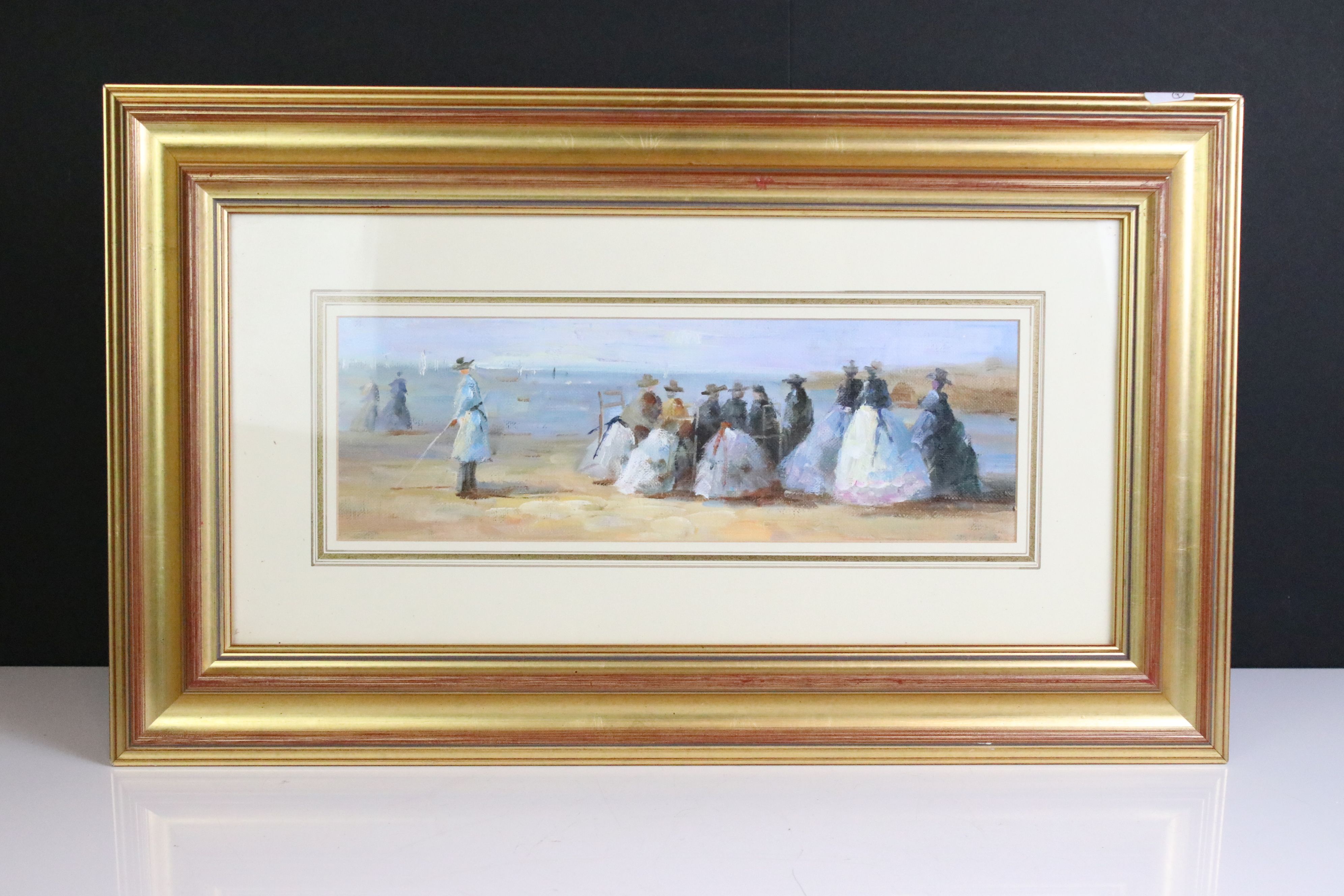 Gilt Framed Oil on Canvas of figures relaxing and sailboats in a Victorian beech view, 11cm x 33.5cm