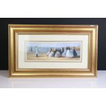Gilt Framed Oil on Canvas of figures relaxing and sailboats in a Victorian beech view, 11cm x 33.5cm