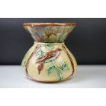 Late 19th Century Aesthetic Movement Majolica Vase, with relief moulded panels depicting birds