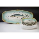 Bonn of Germany - Fish Platter and 12 plates of fish design, on a graduating blue/green ground,