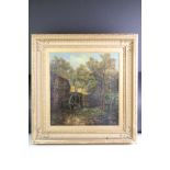 19th Century Oil on Canvas - Rural Scene of a Mill Surrounded By Trees, gilt framed, measures approx
