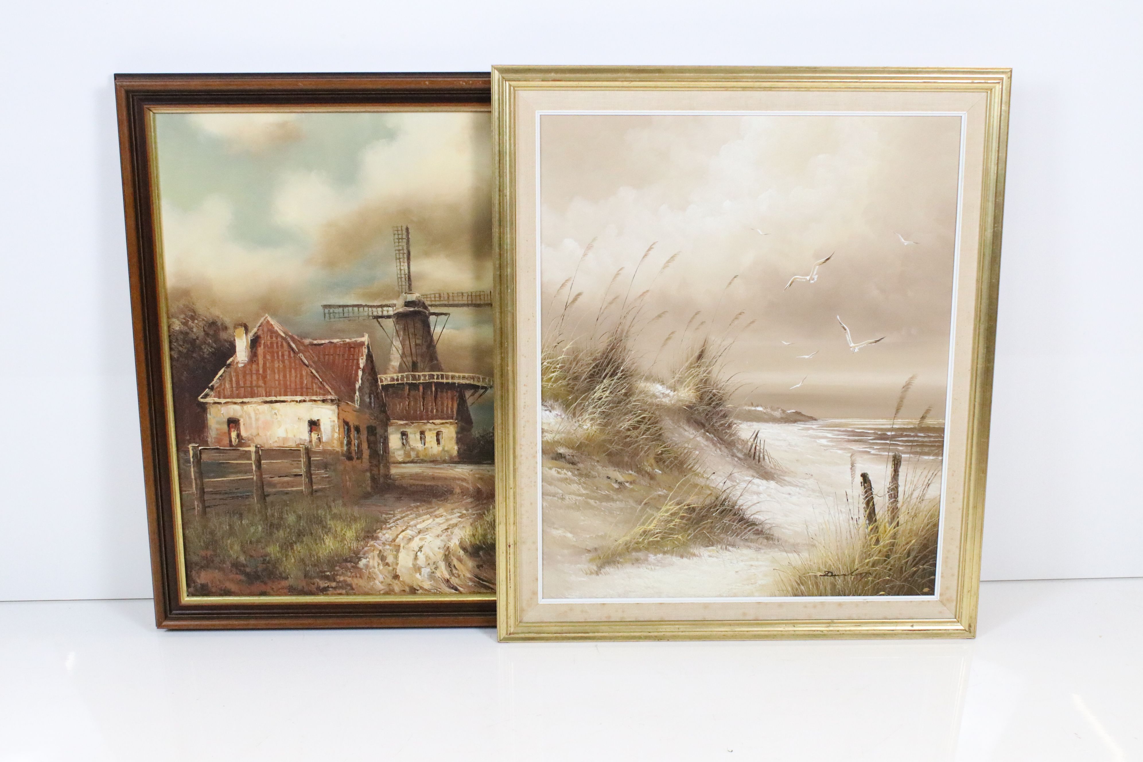 Two Mid century Oil Paintings on Canvas, one with seagulls over coast, signed 60cm x 49cm and the