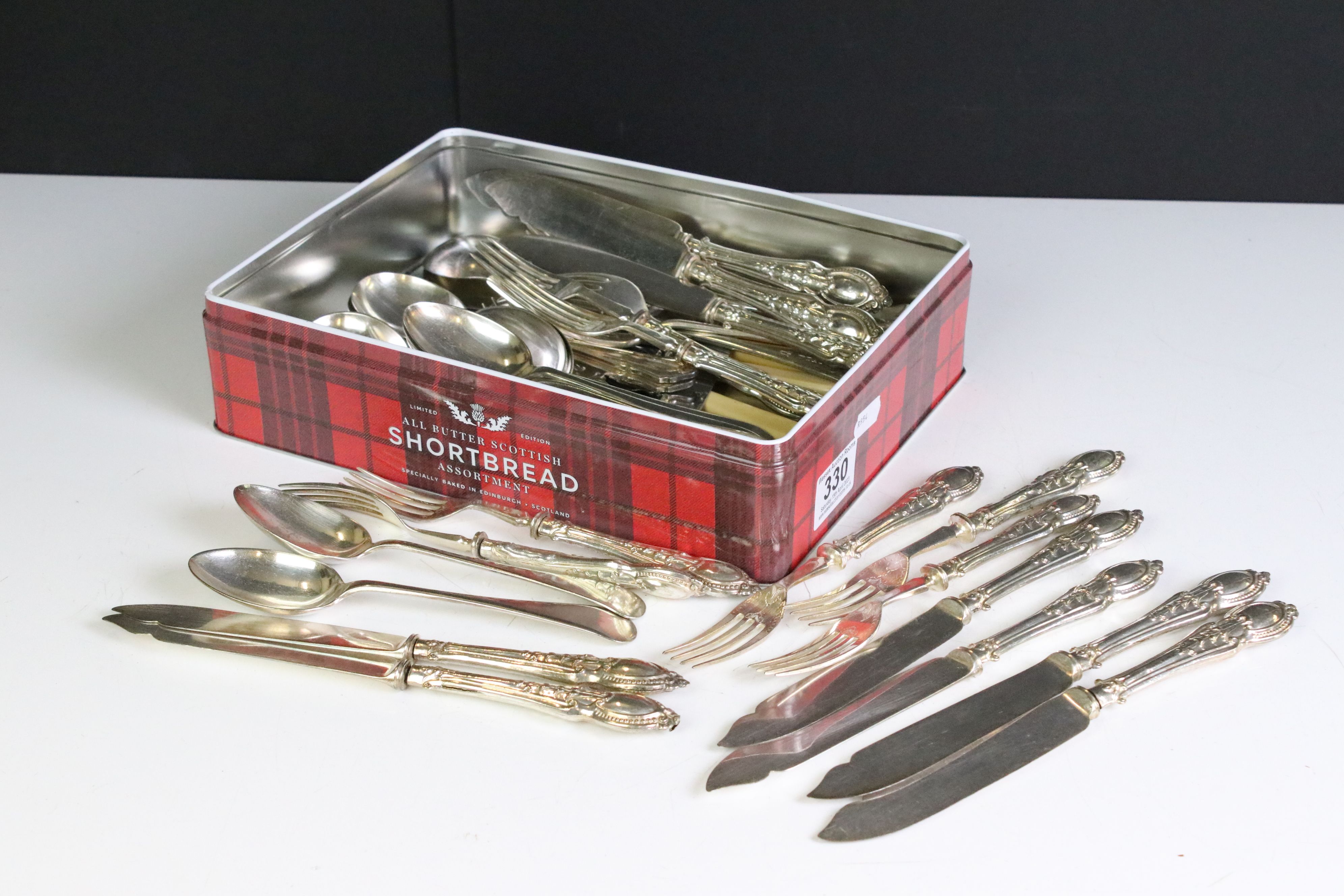 A small collection of silver plated flat ware / cutlery to include fish knives, forks and spoons.