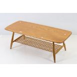 Ercol Blonde Elm and Beech Coffee Table with slatted shelf below, model 459, 104cm long x 37cm long