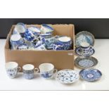 Collection of mixed blue & white cups and saucers, 19th century onwards, to include Royal Crown