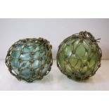 Two Green Glass Fishing Floats with Rope Nettings, approx. 38cm diameter