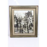 Mid century Oil Painting on Canvas of a Parisian Street scene in muted tones, indistinctly signed
