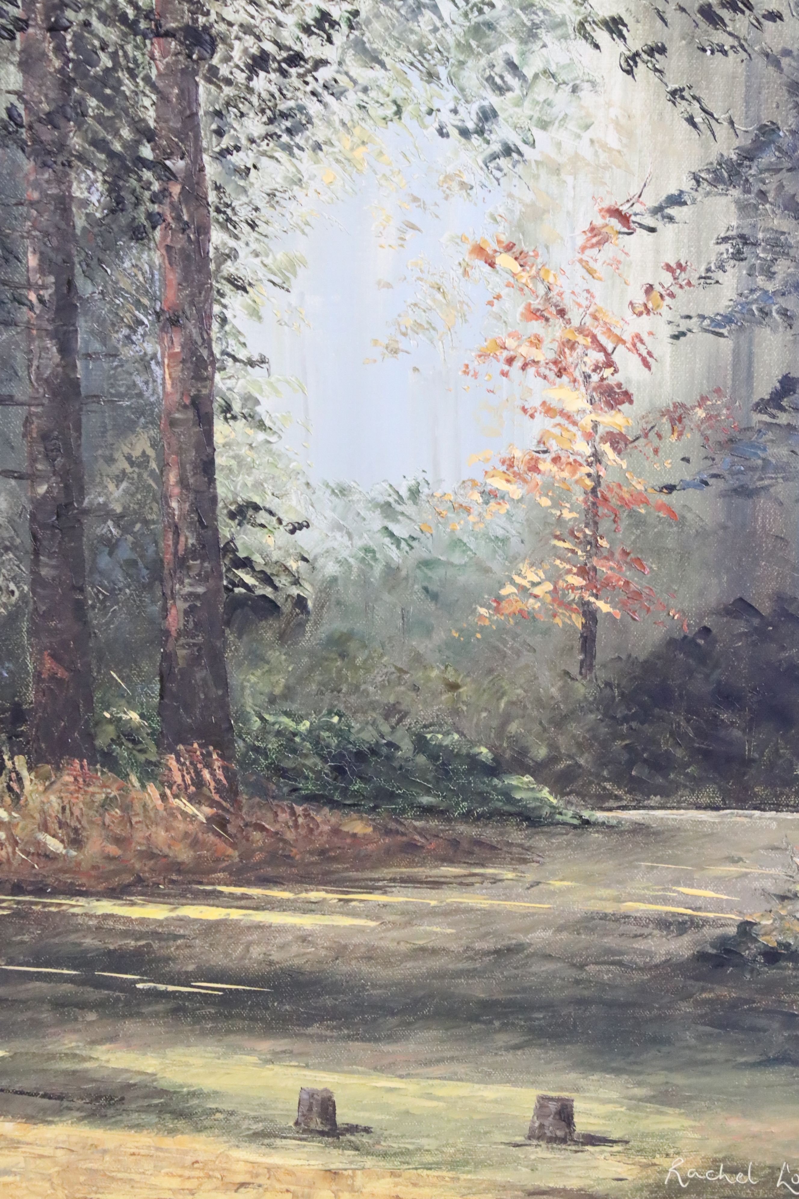 Rachel Long (20th century) Oil on Canvas of a Path through Woodland, signed, 50cm x 40cm - Image 2 of 7