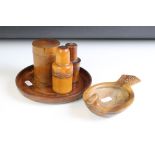 Group of treen to include two medicine bottle cases (housing glass medicine bottles & stoppers),