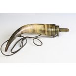 Late 19th / early 20th century horn gunpower flask with brass dispenser fitting, measures approx