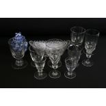 Eight 19th century glasses to include a pair of facet-cut rummers (14cm high), rummer with etched