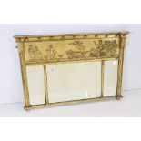 Regency Giltwood Triple Bevelled Plate Overmantle Mirror with classical moulded frieze of figures