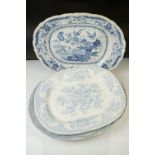 Three 19th Century Blue & White transfer printed oval serving platters, decorated with birds amongst