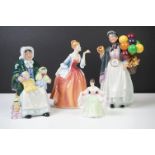 Four Royal Doulton porcelain figures to include Biddy Penny Farthing (HN 1843), The Rag Doll