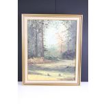 Rachel Long (20th century) Oil on Canvas of a Path through Woodland, signed, 50cm x 40cm