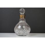 20th Century silver mounted cut glass decanter & stopper, with star-cut base, hallmarked
