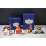 Three Royal Crown Derby paperweights to include Imari Wren (boxed, silver stopper), Robin (boxed,