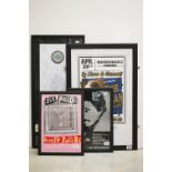 Memorabilia - 4 framed and glazed items to include Bob Dylan reproduction Roundhouse poster with