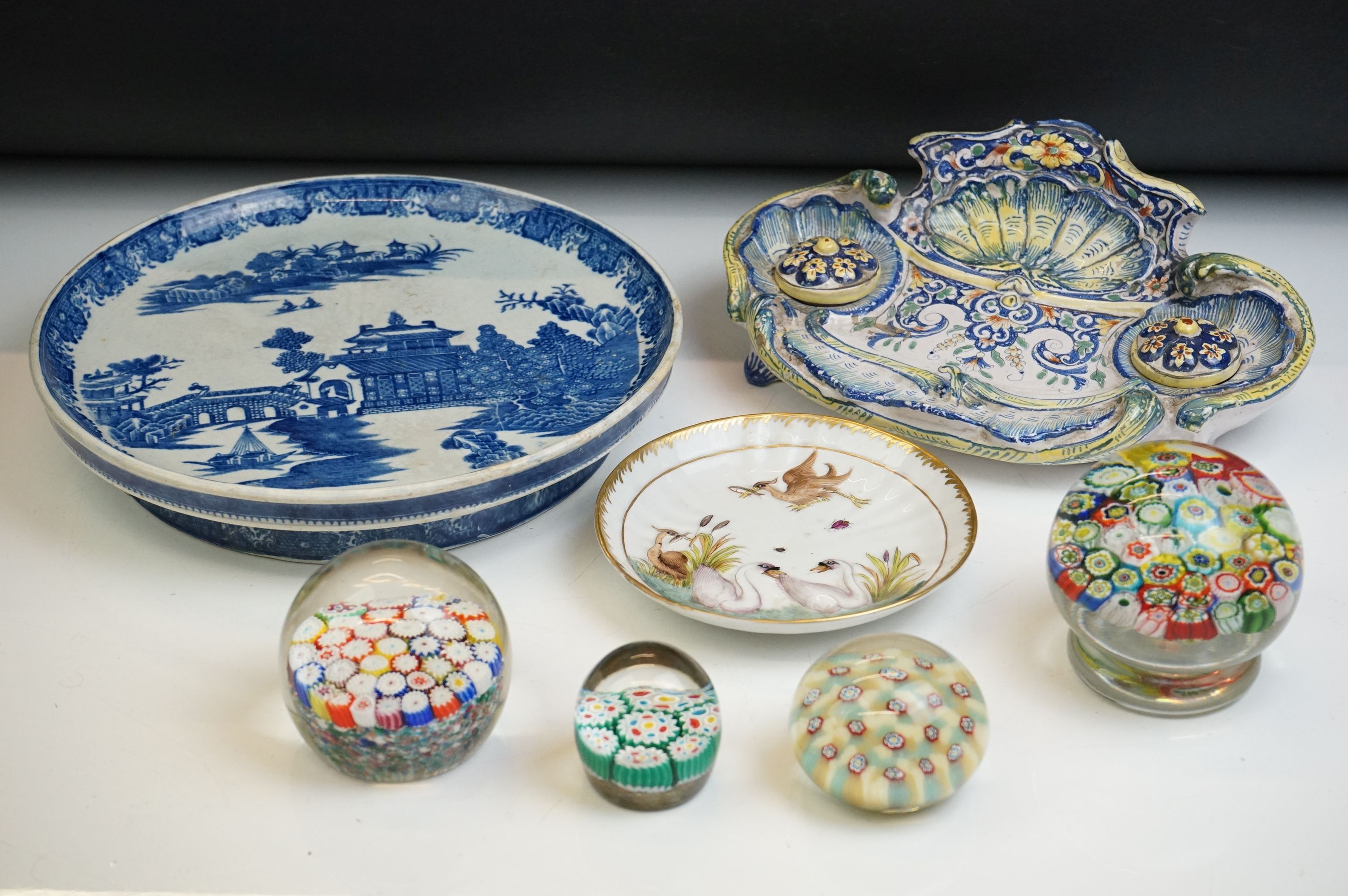 Mixed lot including Four Millefiori Glass Paperweights, Faience Double Inkstand / Standish,