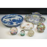 Mixed lot including Four Millefiori Glass Paperweights, Faience Double Inkstand / Standish,