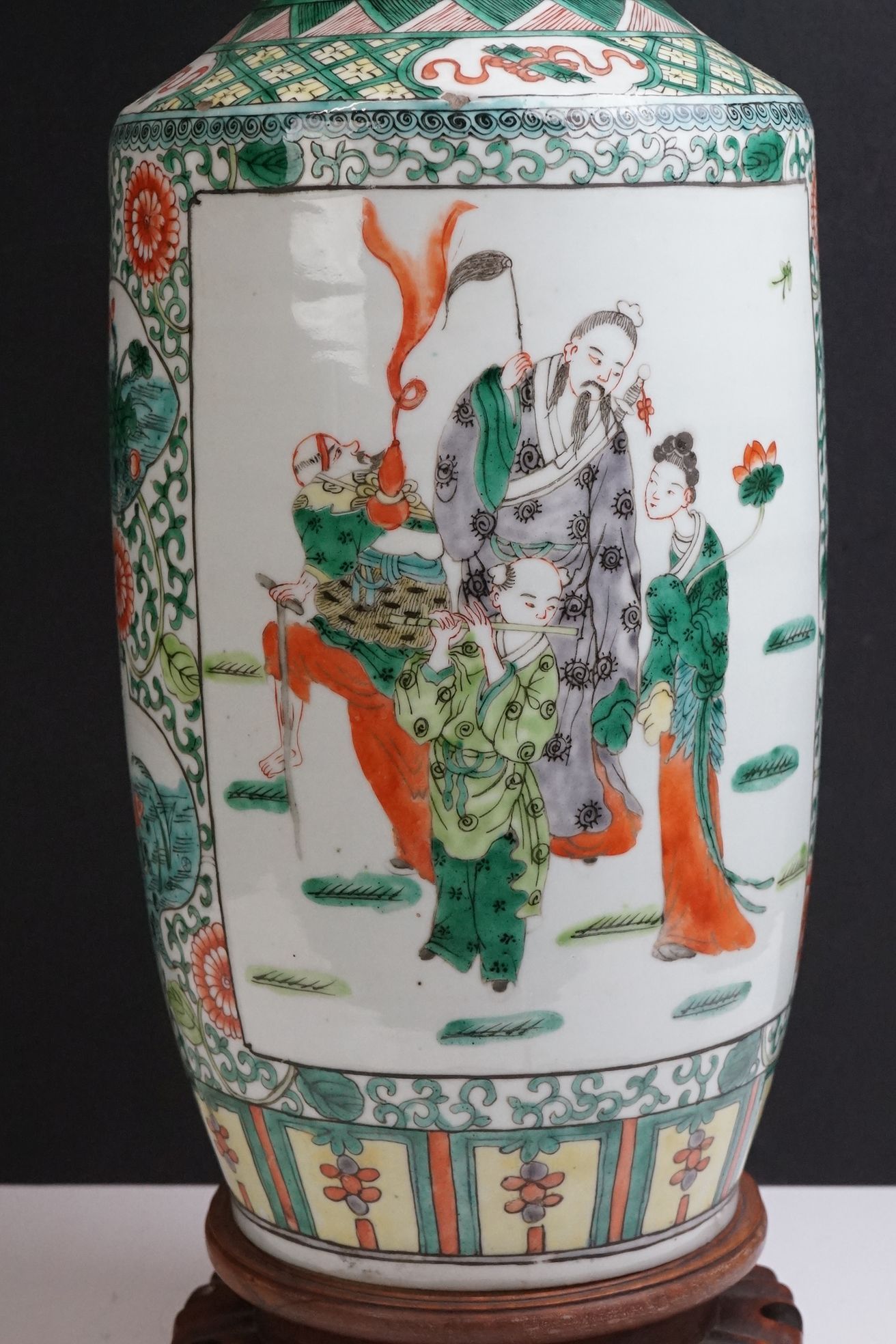 Chinese Porcelain Famille Verte Table Lamp of Rouleau form, decorated with panels of figures, with - Image 10 of 10