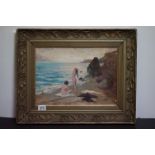 Oil on board, coastal scene with nude females on a beach beside rocks, approx. 28.5cm x 40cm