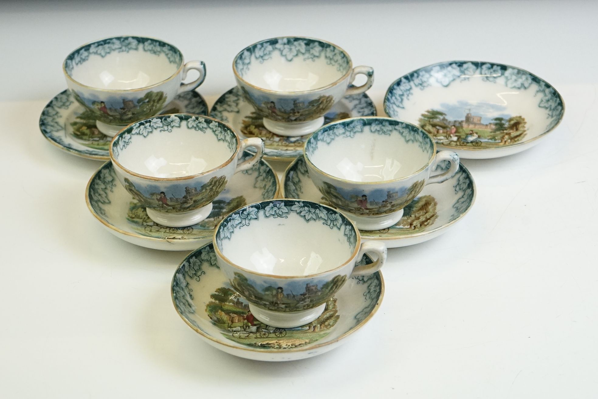 19th century Staffordshire Pottery Child's part Tea Set with transfer decoration of a goat pulling a - Image 9 of 10