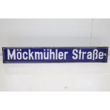 Early to Mid 20th century German Blue ground Enamel Street Sign ' Mockmuhler Strabe ', 95cm long