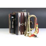 A Chromatik Jubilee Melodeon universal accordion together with a military bugle badged to the