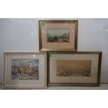 19th century Watercolour of Figures in Rowing Boats in a City, unsigned, 21cm x 42cm together with D