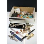 A small collection of costume jewellery together with a selection of coins and watches.